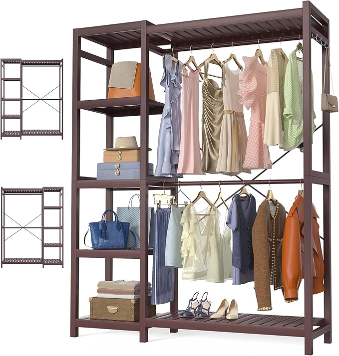 Homykic Bamboo Clothes Rack Garment Rack for Hanging Clothes, Heavy Duty Clothing Rack with 7 Tiers Adjustable Shelves, Double Rods, 4 Hooks, Freestanding Closet System Organizer Wardrobe, Espresso