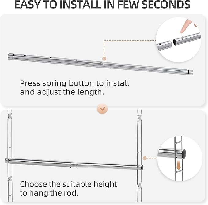 STORAGE MANIAC Hanging Closet Rod, Adjustable Width and Height Closet Hanging Organizer, Space-Saving Clothes Hanging Bar, Closet Extender Hanging Rod Double Closet Hanging Rod, 1 Pack Chrome