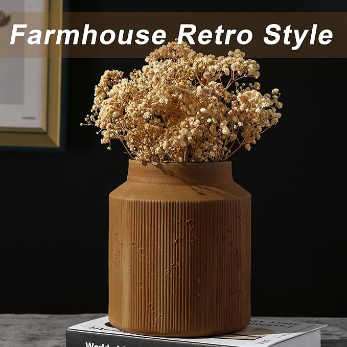 Farmhouse Vase for Home Decor, Vintage Rustic Terracotta Flower Vase Suitable for Home Decor, Living Room, Shelf, Dining Table. 7IN. Ochre