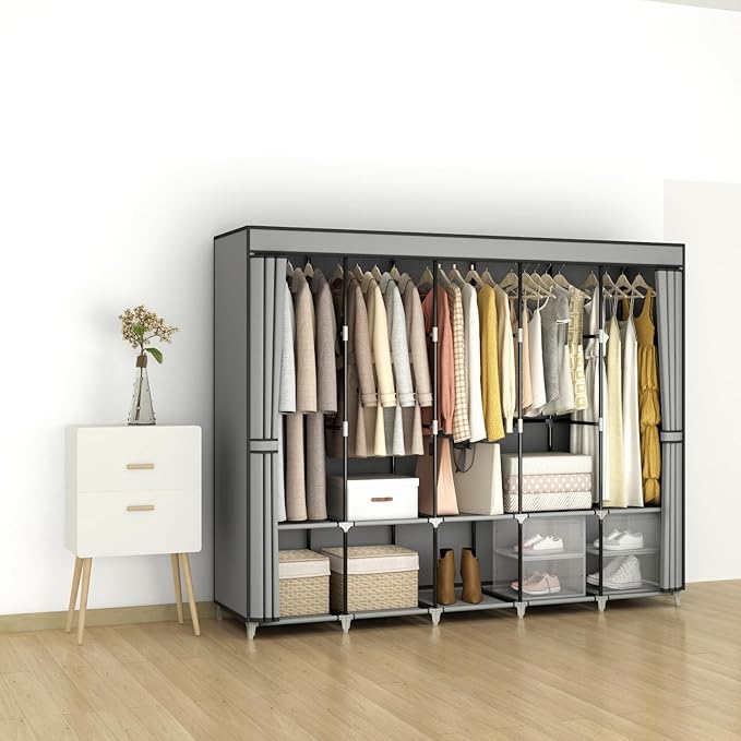 83 Inch Wide Portable Closet Wardrobe, Clothes Storage Rack Organizer with Cover, 5 Clothes Hanging Rods and 10 Storage Shelves, Grey