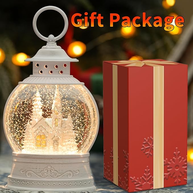 Christmas Church Snow Globe, Musical Snow Globe Lantern with Swirling Glitter, White Christmas Tree Churches, USB & Battery Operated Light-Up Christmas Decorations Indoor for Home