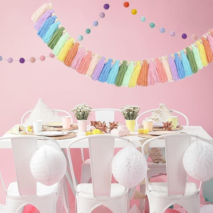 2pcs Longer Boho Tassel Garland, Pom Pom Tassel, Felt Ball Garland,Colorful Wall Hanging Party Decorative Banner Pastel, Home Decoration Wedding Birthday Baby Shower (Longer Rainbow)