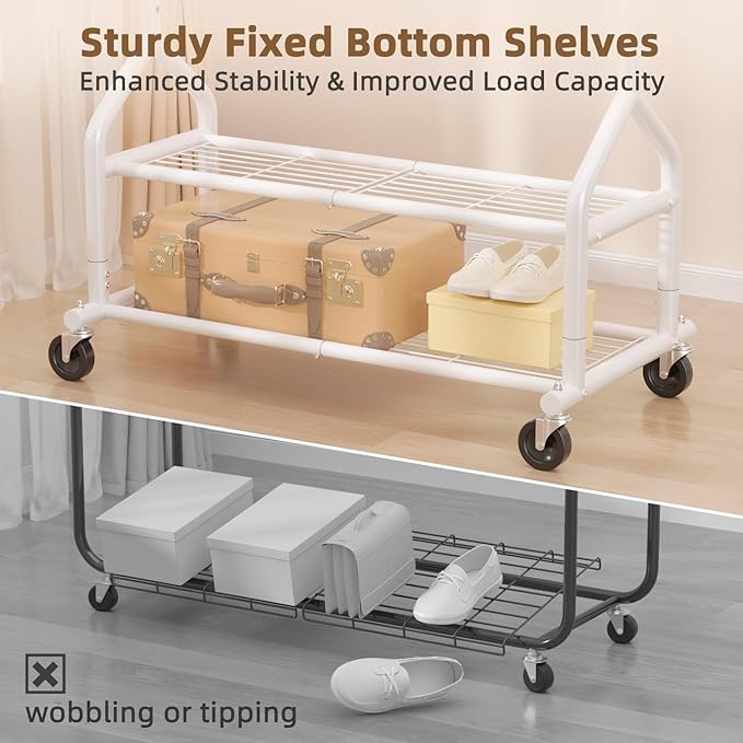 EAGMAK Heavy Duty Clothes Rack Load 556 LBS, Rolling Clothing Rack With Shelves, Height Adjustable Metal Clothes Hanger with Wheels Portable Wardrobe Organizer Garment Rod for Hanging Clothes (White)