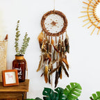 Dream Catcher Native American Boho Dreamcatcher Rattan Wall Decor, Handmade Natural Goose Feathers Brown Golden Beaded Hanging Ornament Indian Decor for Bedroom Living Room (Dark Brown)