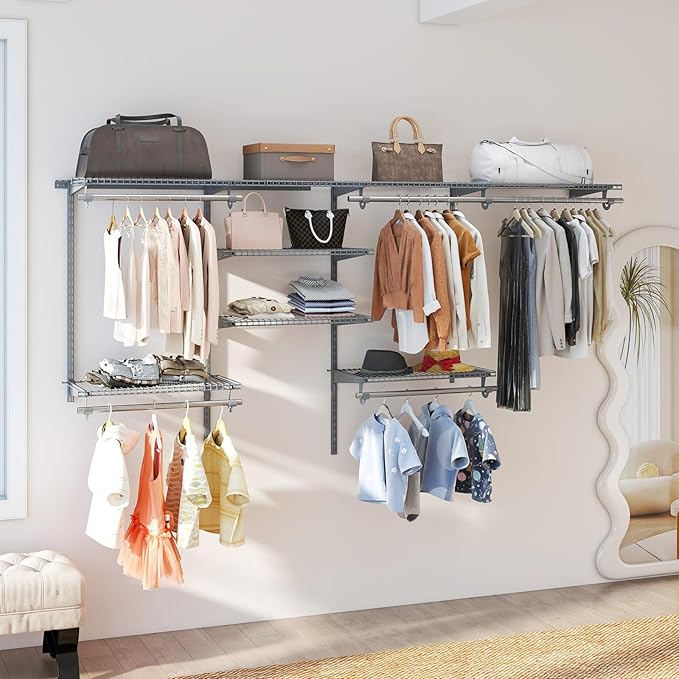 Giantex Closet Organizer System, Wall-mounted Custom Closet Kit w/Adjustable Storage Shelves, Wardrobe Clothes Rack w/Hanging Rods, Perfect for Coats, Pillows, Blanket (Gray, 98.5"x13.5"x48)