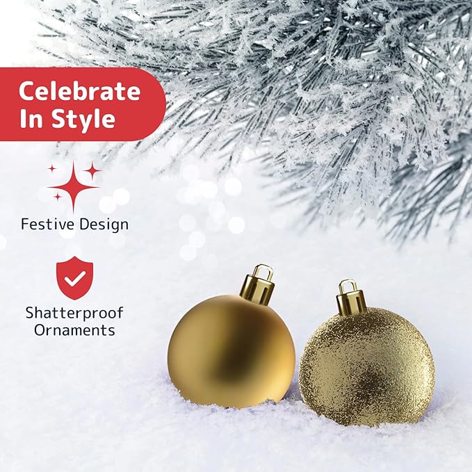 Prextex 36pc Shatterproof Christmas Ornaments Set - Gold Christmas Tree Decorations in 3 Sizes and 6 Styles - Hanging Balls with Loops in Matte, Shiny, and Glitter Finishes for Indoor-Outdoor Display