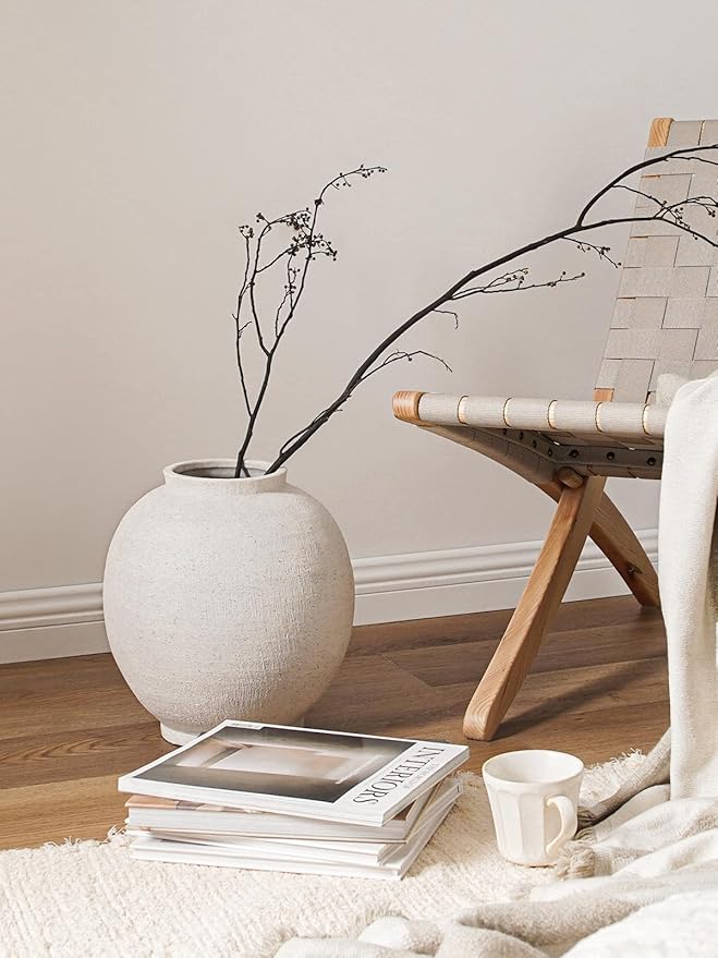 White Ceramic Vase - Large 12.5 Inch Round Floor Vase for Centerpieces, Farmhouse Rustic Minimalist Home Decor (Sandstone White)