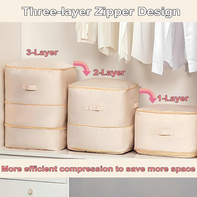 Ultra Space Saving Self Compression Organizer, 3-Layer Zipper Large Capacity Storage Bag, Thick Satin Fabric Heavy Duty Bags for Comforters Blankets Bedding Duvet (Pink, X-Large, 21x17x24in)