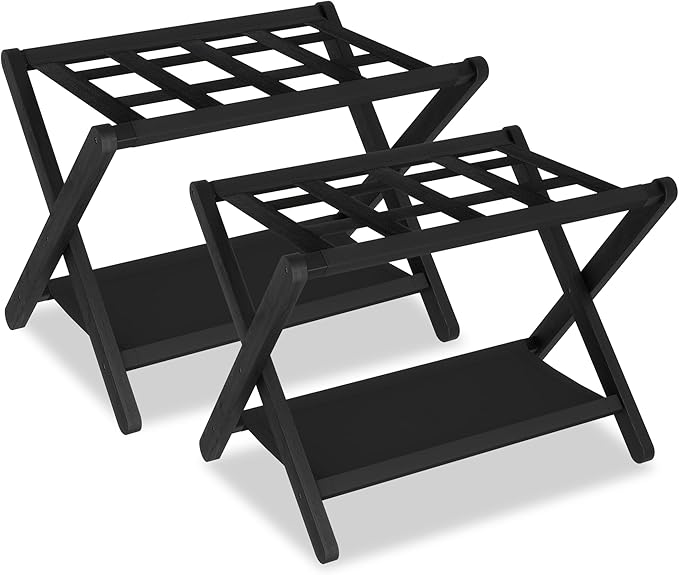Heybly Luggage Rack, Pack of 2, Folding Suitcase Stand with Storage Shelf, Heavy-Duty Luggage Holder for Guest Room Bedroom Hotel, Holds up to 165 lb,Black, HLR010B2