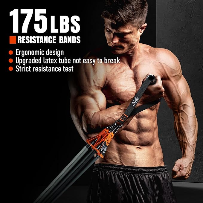 Resistance Bands with Handles, 175lb Exercise Bands for Working Out, Fitness Bands, Workout Bands with Door Anchor and Ankle Straps, Physical Therapy, Yoga, Strength Training Home Gym Equipment