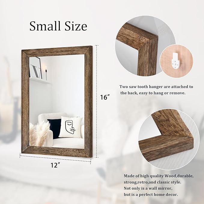 AAZZKANG Rustic Wood Mirror Rectangle Decorative Wall Mirrors with Frame for Bedroom Living Room Bathroom Entryway Hanging Small Brown
