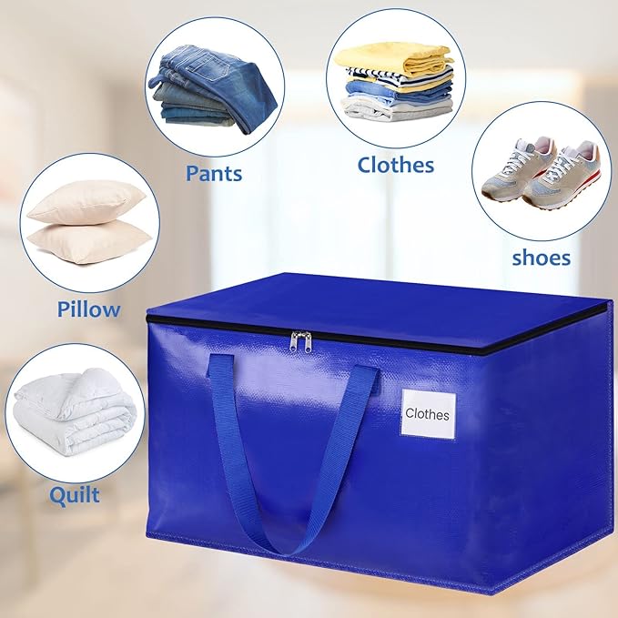 Moving Bags, Storage Bags with Sturdy Handles and Heavy Duty Zippers, Storage Totes for Space Saving, Moving & Storage, Collapsible Moving Supplies(88L, 10-Pack, Blue)