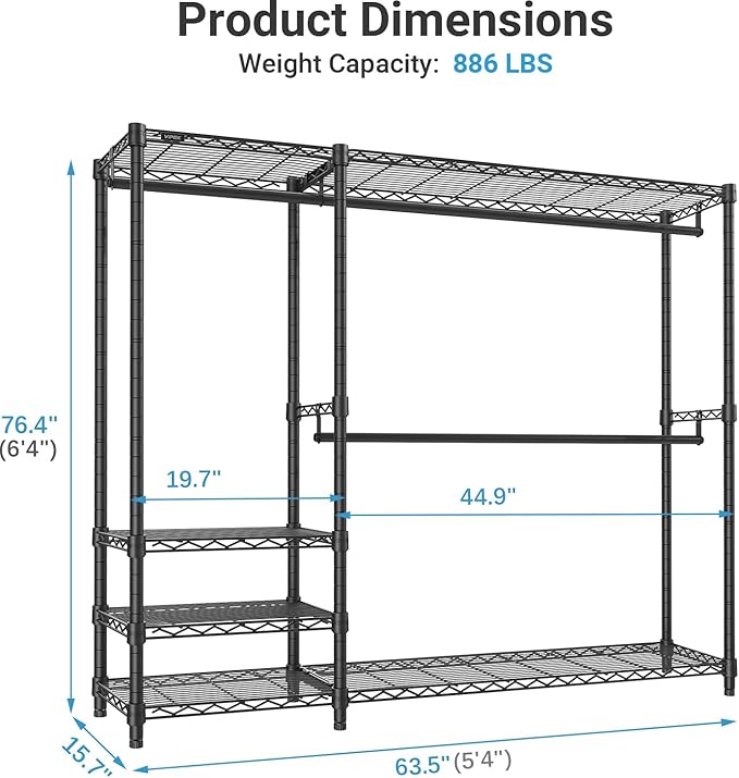 VIPEK V2 Plus Heavy Duty Clothes Rack, Portable Metal Clothing Racks with 4 Tiers Adjustable Wire Shelving & 3 Hanging Rods, Freestanding Closet Rack, Max Load 886LBS, Black