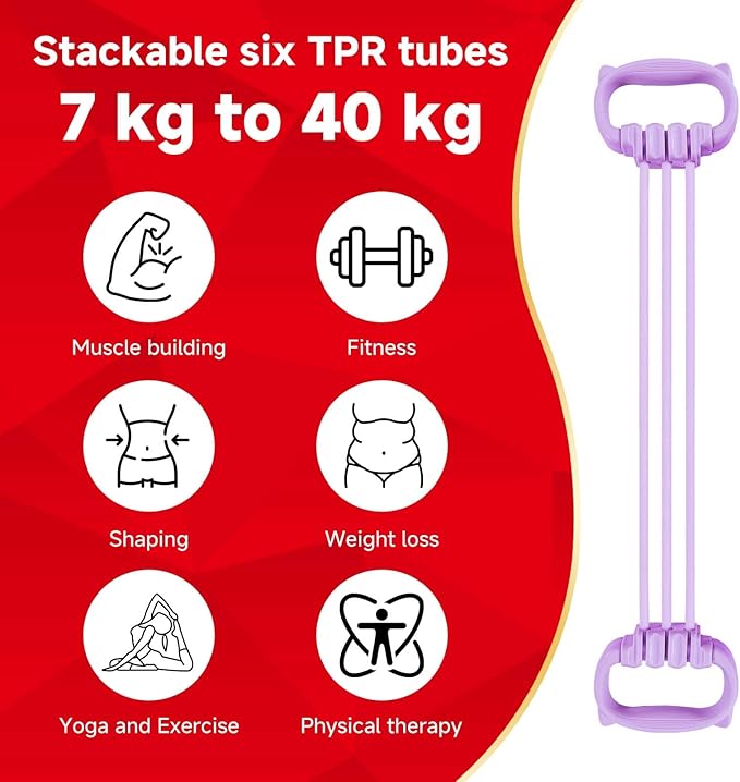 6 Gear Adjustable Resistance Bands, Fitness Resistance Bands Exercise Bands with Comfort Grips, Unisex, for Arms, Chest Extender, Home Workout, Fitness, Pilates