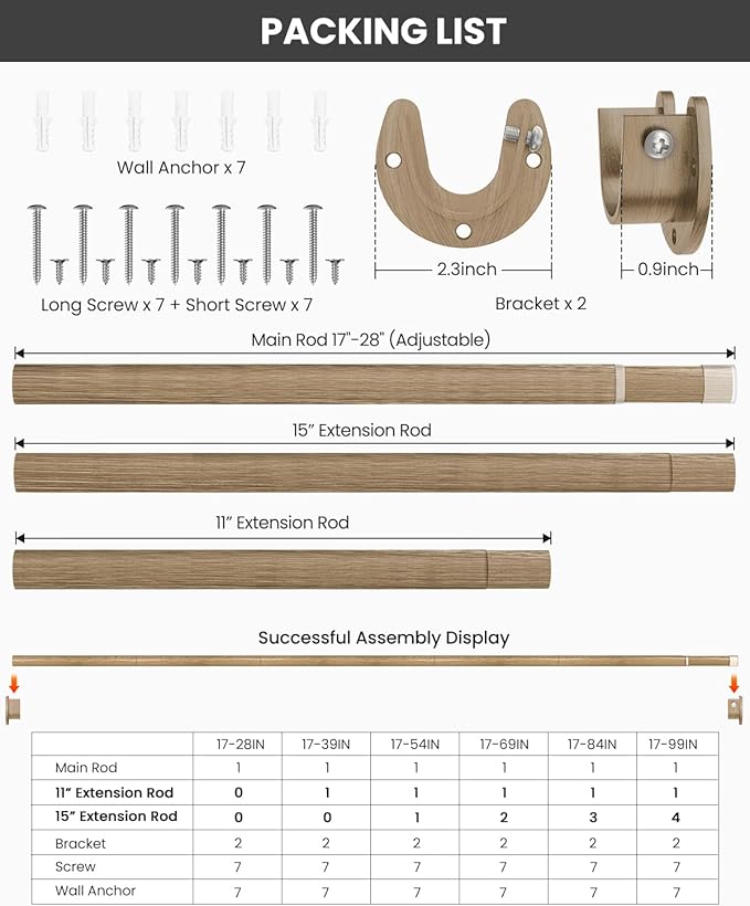 Closet Rods for Hanging Clothes, 17 to 84 Inches Stepless Adjustable Metal Closet Rod, 1.3 Inches Heavy Duty Clothes Hanging Rod for Closet Wardrobes Laundry RV(Wood Grain)