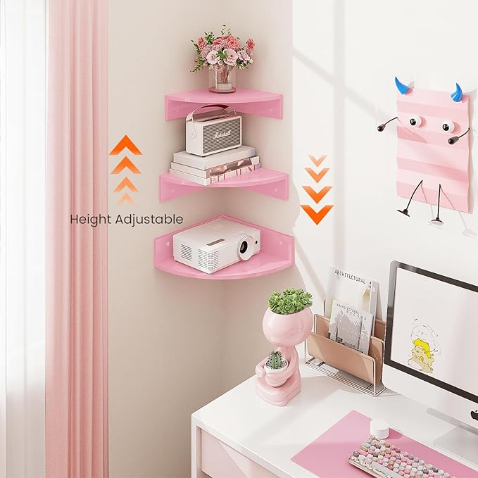 Homode Corner Shelf Wall Mount, Set of 3 Corner Floating Shelves with Cable Hole, 3 Tier Wood Corner Hanging Shelves, Living Room Bedroom Bathroom, Pink