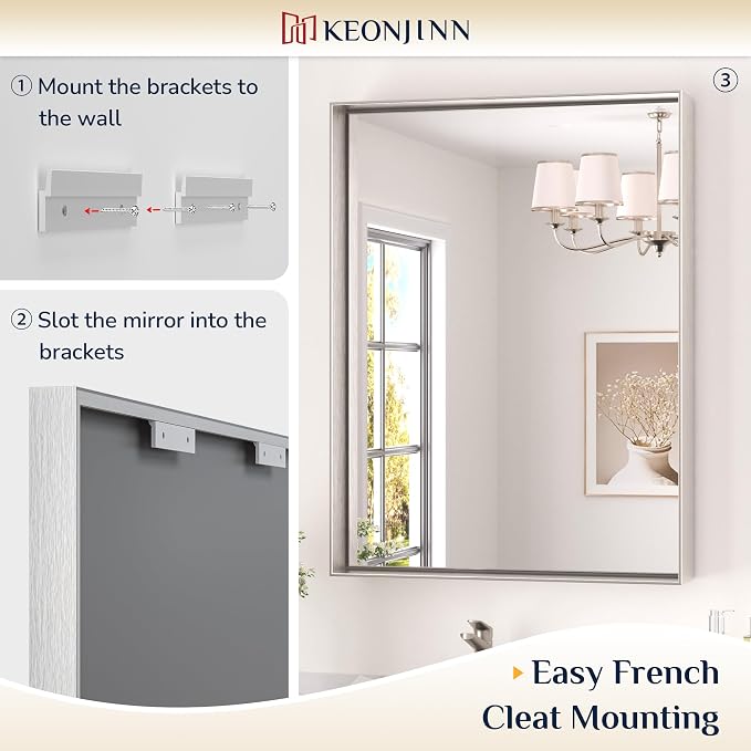 Keonjinn 48 x 40 in Brushed Nickel Bathroom Mirror, Rectangular Wall Metal Framed Vanity Mirror Square Corner Aluminum Alloy Modern Rectangle Wall-Mounted Mirror(Horizontal/Vertical)
