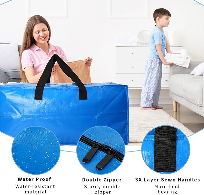 2 Pack Heavy Duty Extra Large Moving Bags Storage Tote - Strong Handles& Backpack Straps - Space Saving Storage Bags Alternative to Moving Boxes and Bins,Compatible with Ikea Frakta Cart, Blue