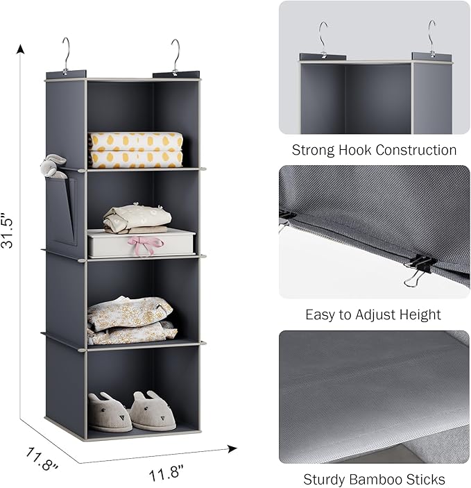 YOUDENOVA Hanging Closet Organizer, 4-Shelf Closet Hanging Storage Shelves, Grey