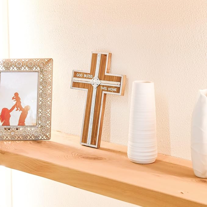 Wall Cross Retro Catholic Wooden Hanging Crosses Baptism with Metal Spiritual Religious Cross with Hook Silver Edge Blessed Letter Design Christmas Crucifix Gift for Church Home Wall Decor