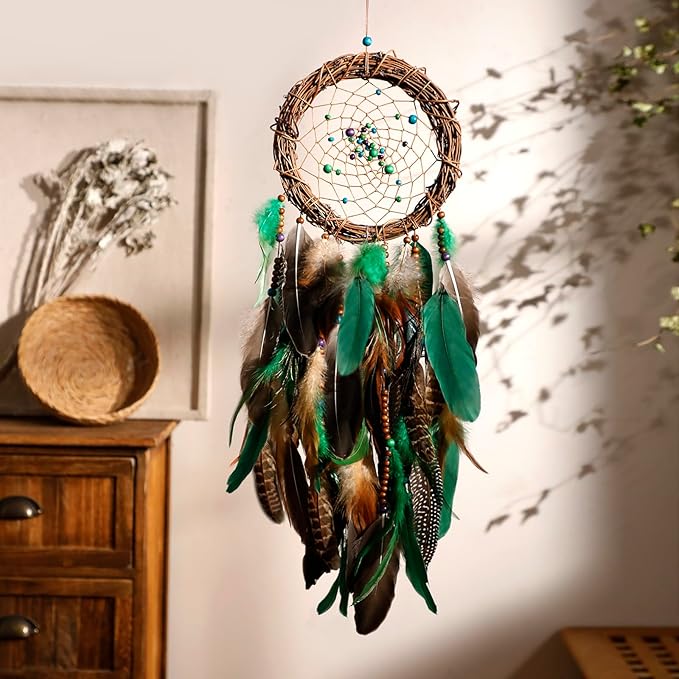 Dream Catcher Native American Boho Dreamcatcher Rattan Wall Decor, Handmade Natural Peacock Feathers Green Colorful Beaded Hanging Oranment Indian Decor for Girls Bedroom (Green Peacock Feather)