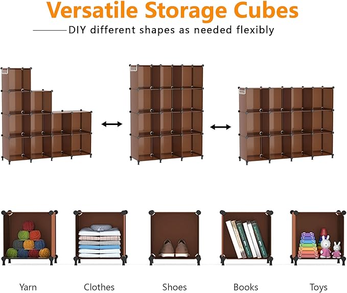 AWTATOS Cube Storage Organizer, Storage Cubes Shelves Bookshelf, 12 Cube Closet Organizers and Storage, DIY Stackable Plastic Clothes Organizer Shelving for Bedroom, Home, Cocoa Brown