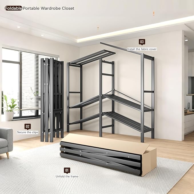 Heavy Duty Portable Closet with Cover Magnetic Doors, Metal Rolling Clothes Rack Heavy Duty 1500LBS, Foldable Clothing Rack, Garment Racks for Bedroom/LivingRoom/Rental (KT Grey, 66.14in)