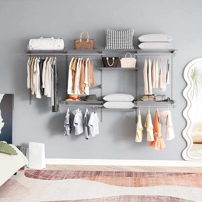 Giantex Closet Organizer System, Wall-mounted Custom Closet Kit w/Adjustable Storage Shelves, Wardrobe Clothes Rack w/Hanging Rods, Perfect for Coats, Pillows, Blanket (Gray, 98.5"x13.5"x48)