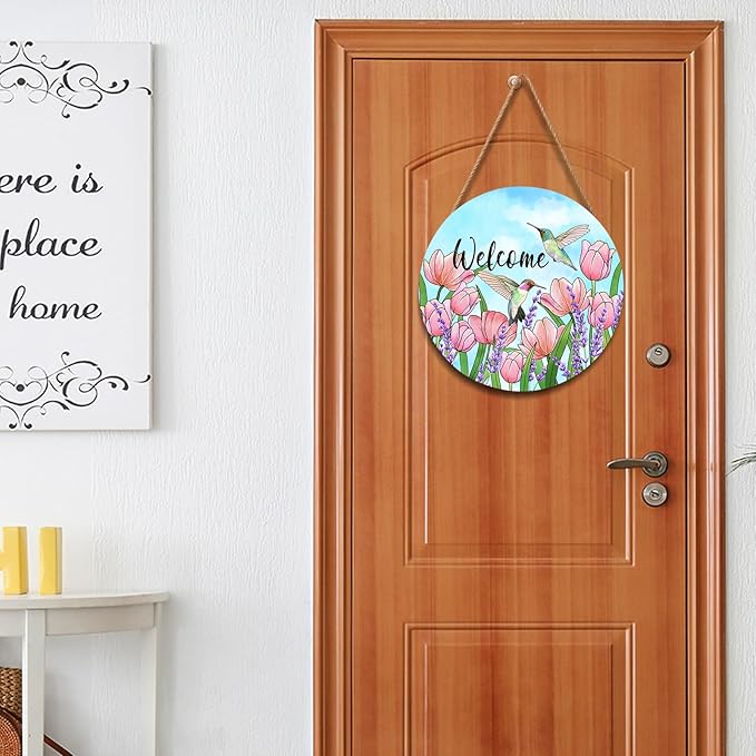 Welcome Spring Summer Hummingbirds Sign for Front Door Decor Spring Floral Wood Door Hanger Sign Spring Decorations Seasonal Farmhouse Wreath Wall Hanging Sign for Home Outdoor Outside Porch 12”x12”