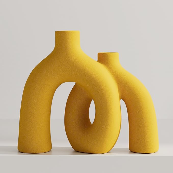 Hug Donut Decorative Vase Set - Yellow Vase, Modern Nordic Boho Style Vases Home Decor, Matte Ceramic Decorations for Living Room Shelf, Bookshelf Mantle Entryway Table or Console Décor (Yellow)