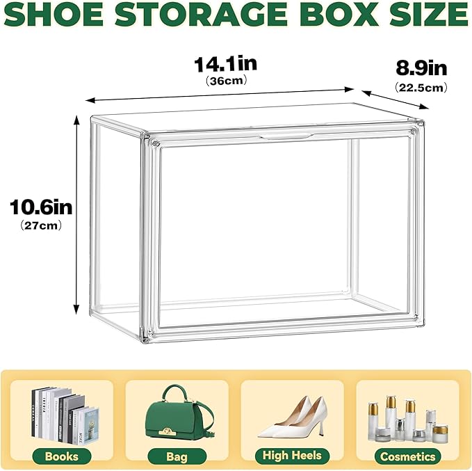 1 Pack Acrylic X-Large Shoe Box Clear Plastic Stackable Storage Boxes with Magnetic Door Shoe Organizer for Closet Sneaker Boot Shoe Storage,Fit up to US Size 14