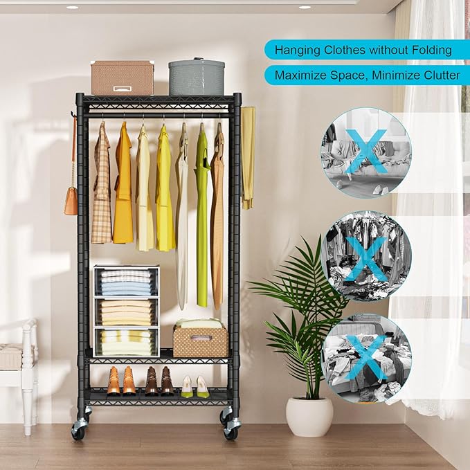 FUTASSI P3 Mini Rolling Clothes Rack, Clothing Racks for Hanging Clothes, Heavy Duty Garment Rack with Wheels, Freestanding Portable Closet Rack 23.6'' W x 14'' D x 78.5'' H, Max Load 430 Lbs, Black