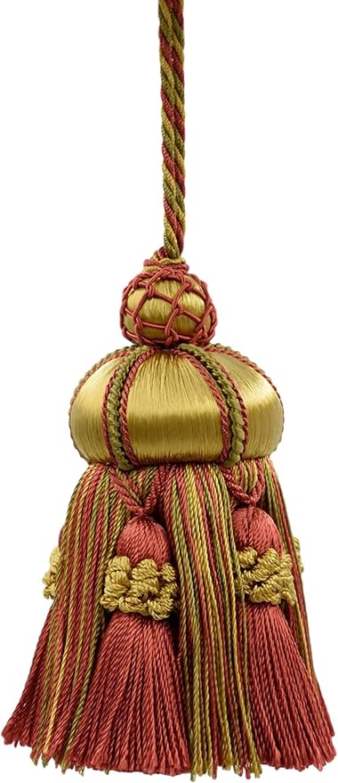 DÉCOPRO Elegant Hand-Crafted 4" (10cm) Key Tassel 3 1/2" (8.5cm) Loop Accented with Crown Tassels (KTAX4) Golden Beige Red Multicolor #LX07 (Rust Red Gold Beige Red Orange) Individually Sold