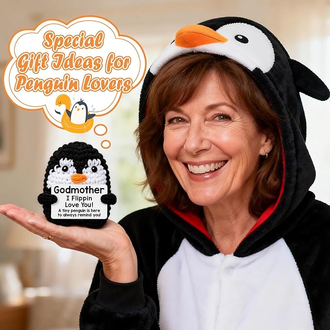 Belatelove Godmother Gifts for Birthday, Handmade Crochet Mini Penguin Mothers Day Cute Birthday Gifts for Godmother from Granddaughter Grandson, Funny I Love You Gift for Godmother Easter Decor