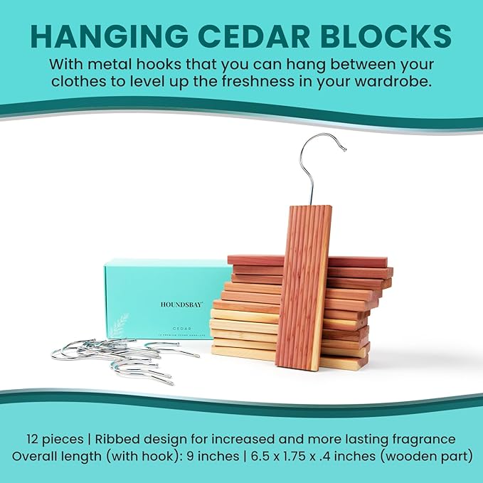 12 Hanging Cedar Blocks for Clothes Storage -Cedar Hangers for Closet - Cedar Chips for Closets and Drawers - Hanging for Protecting Clothes Closet - Cedar Hanger & Balls for Clothes