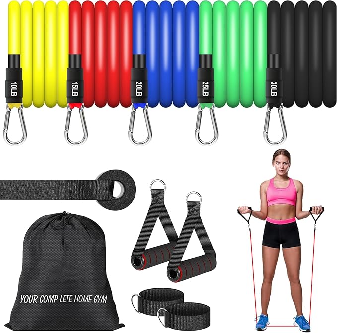 Resistance Bands Set (12pcs), Workout Bands with Handles, Door Anchor, Ankle Straps and Carry Bag, Exercise Bands for Shape Body and Home Workouts