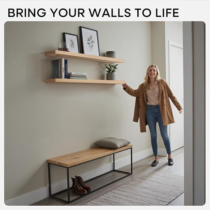 Homeforia 60 inch Natural Floating Shelf, High End Solid Real Wood 60inch Small Floating Shelves for Wall Mounted, Natural Wooden Floating Shelves, Heavy Duty Bracket, 60 X 6.5 X 1.75 in, Set of 2