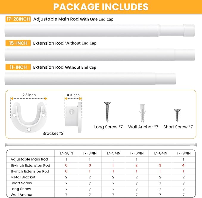 Closet Rods for Hanging Clothes, 17-98 Inch No-Cut Stepless Adjustable Closet Rod, 1.3 Inch Heavy Duty Metal Closet Hanging Rod with Brackets, White Closet Bar for Closet, Laundry Room, RV, Wardrobes