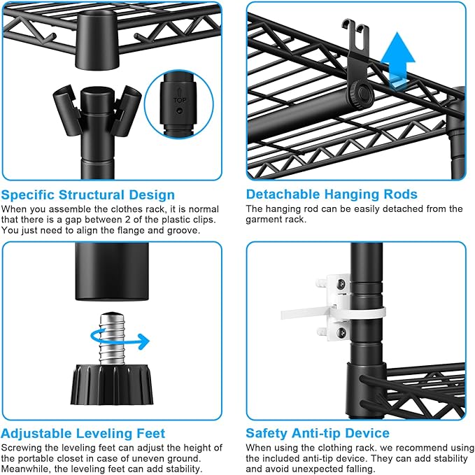 Ulif E13 Heavy Duty Clothes Rack（With 4 Hanger Rods & 8 Shelves） Freestanding Clothing Racks for Hanging Clothes，Adjustable Closet Organizer，Metal Garment Rack 63" W x16 D x77 H，Max Load 900LBS，Black