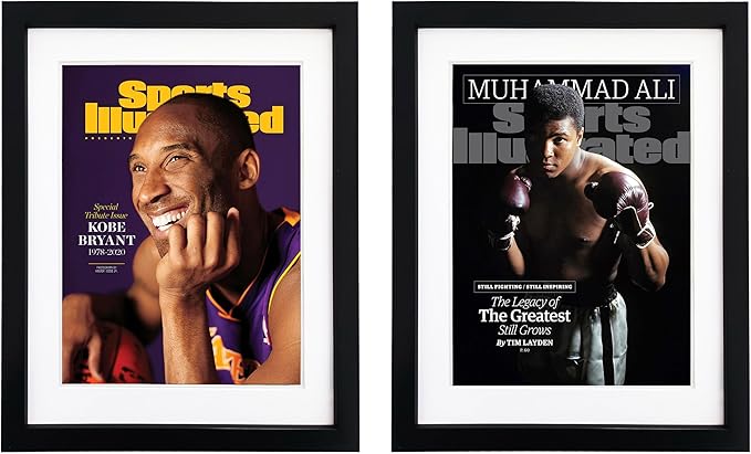 Goldfinch 4 Packs Sports Magazine Frames Displays Magazines Measuring 8.5 x 11.25 or 8.25 x 11 inches with Double White Core Matting, Deep Frame Moulding, with Installed Hangers