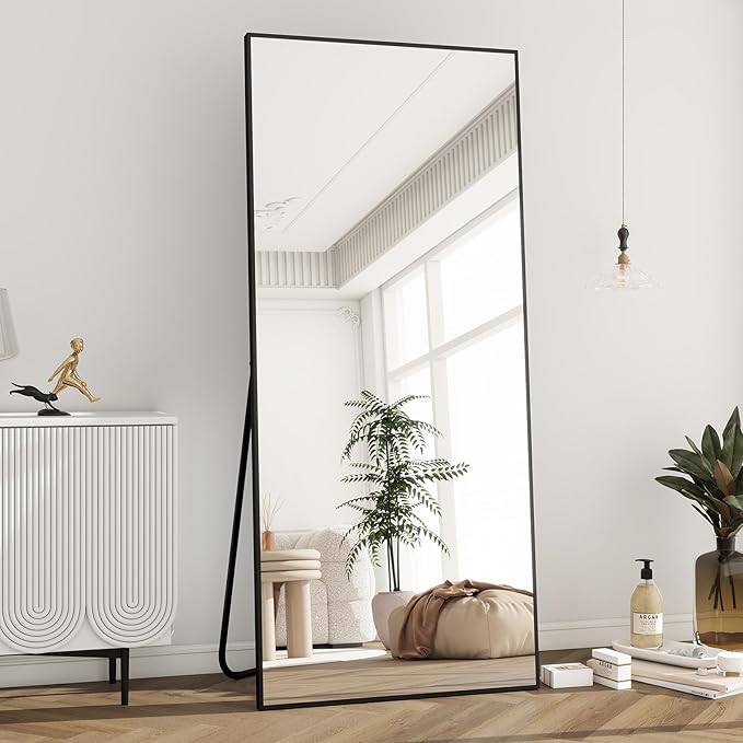 BEAUTYPEAK Full Length Mirror with Stand, 65"x24" Floor Mirror with Aluminum Alloy Thin Frame, ShatterVue Tempered Full Body Mirrors, Free Standing or Wall-Mounted Mirrors for Living Room, Black