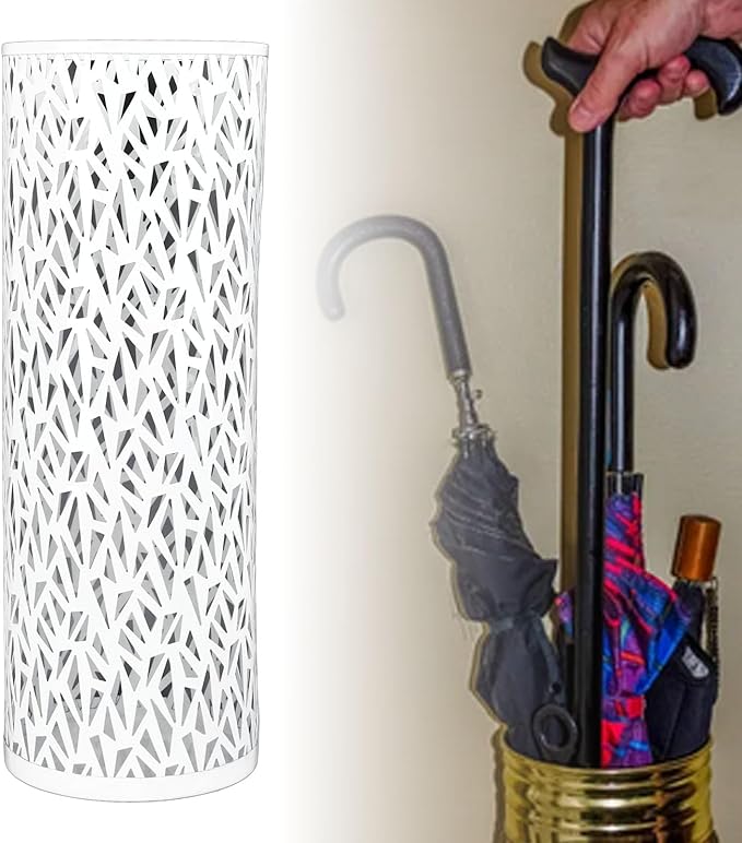 BEIJIALY Metal Umbrella Holder, Umbrella Stand Rack for Entryway, Metal Hollowed Freestanding Round Umbrella Holder Organizer Bin for Home Hotel Office Decor(White Small)