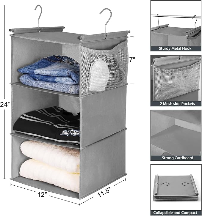 MAX Houser 3 Tier Shelf Hanging Closet Organizer, Closet Hanging Shelf with 2 Sturdy Hooks for Storage, 2 Pack, Foldable (Grey)