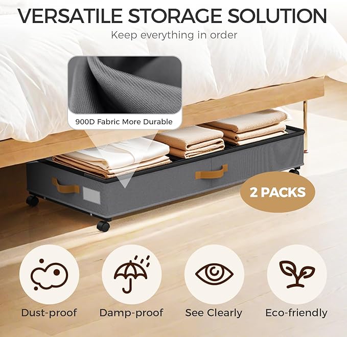 Under Bed Storage with Wheels 2-Pack, 75L XXL Under the Bed Storage Containers Large, 12" Tall Adjustable Storage for Underbed with Lids, Rolling for Shoes, Clothes, Blankets (Grey)