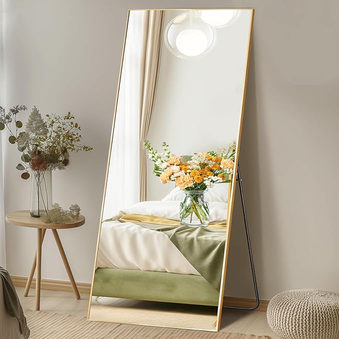 DUMOS 68"x26" Full Length Mirror, Full Body Mirror with Aluminum Alloy Thin Frame, Standing Mirrors with Leaning or Hanging, Suitable for Bedroom, Livingroom, Cloakroom, Gold