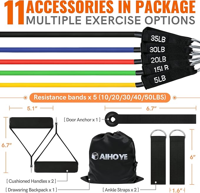Aihoye Resistance Bands for Working Out, Exercise Bands with Handles, Stretch Bands for Exercise, Workout Bands with Door Anchors for Physical Therapy & Strength Training