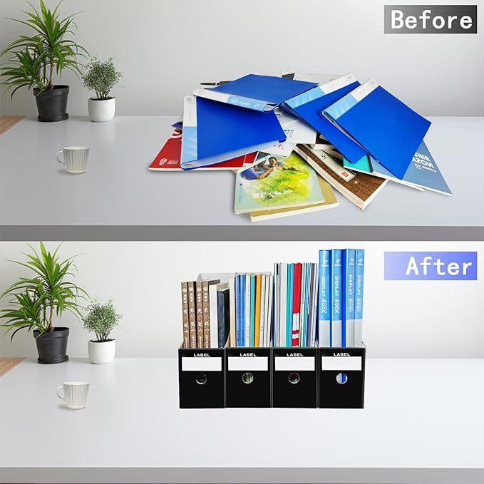 Limitliho 2 Pack Black Cardboard Magazine File Holder for Desktop, Book Bins for Classroom Library, Office or Home, Vertical Paper Boxes for Storage with Label(10.6" H x 10.2" L x 3.5" W in)