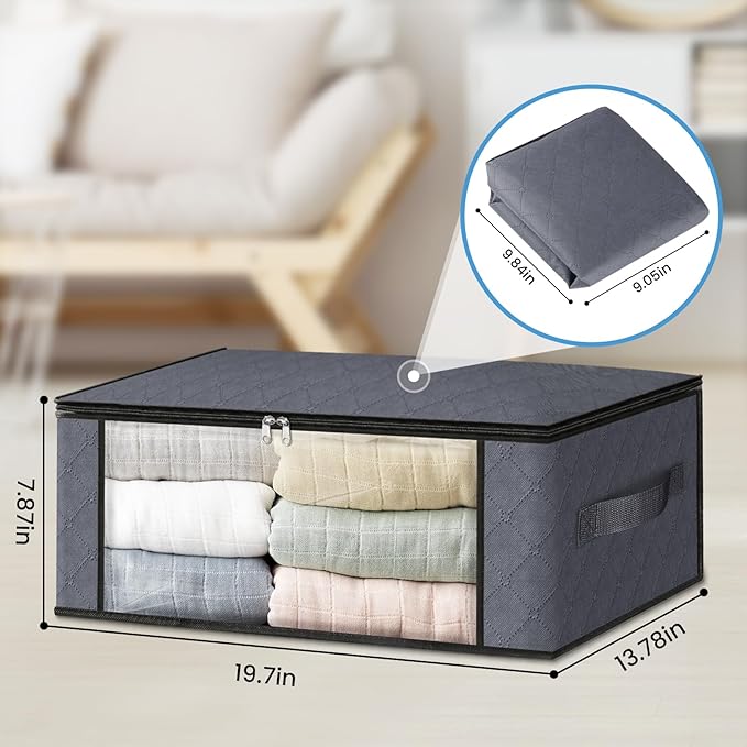 HomeHacks Storage 8-Pack Clothes Organizer Storage Bags Foldable Storage Box with Large Clear Window Sturdy Handles for Closet, Dorm, Pillows, Bedding, Clothes, Blankets, 35L, Grey