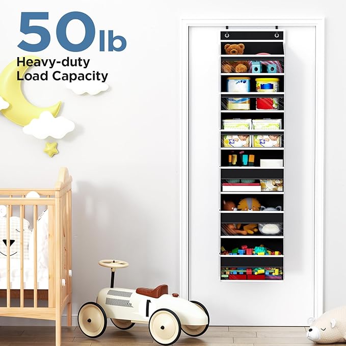 Over The Door Organizer, 6 Shelf Door Hanging Organizers with 6 Large Capacity Pockets, Behind Door Storage Hanging Shelves for Closet Wall Bathroom Bedroom Nursery