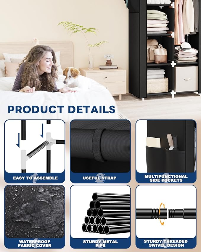 Mavivegue Portable Closet,Wardrobe Closet,Wardrobe,Portable Closets for Hanging Clothes,for Bedroom and Living Room, Black, 2 Rows, 34" W x 18" D x 64" H